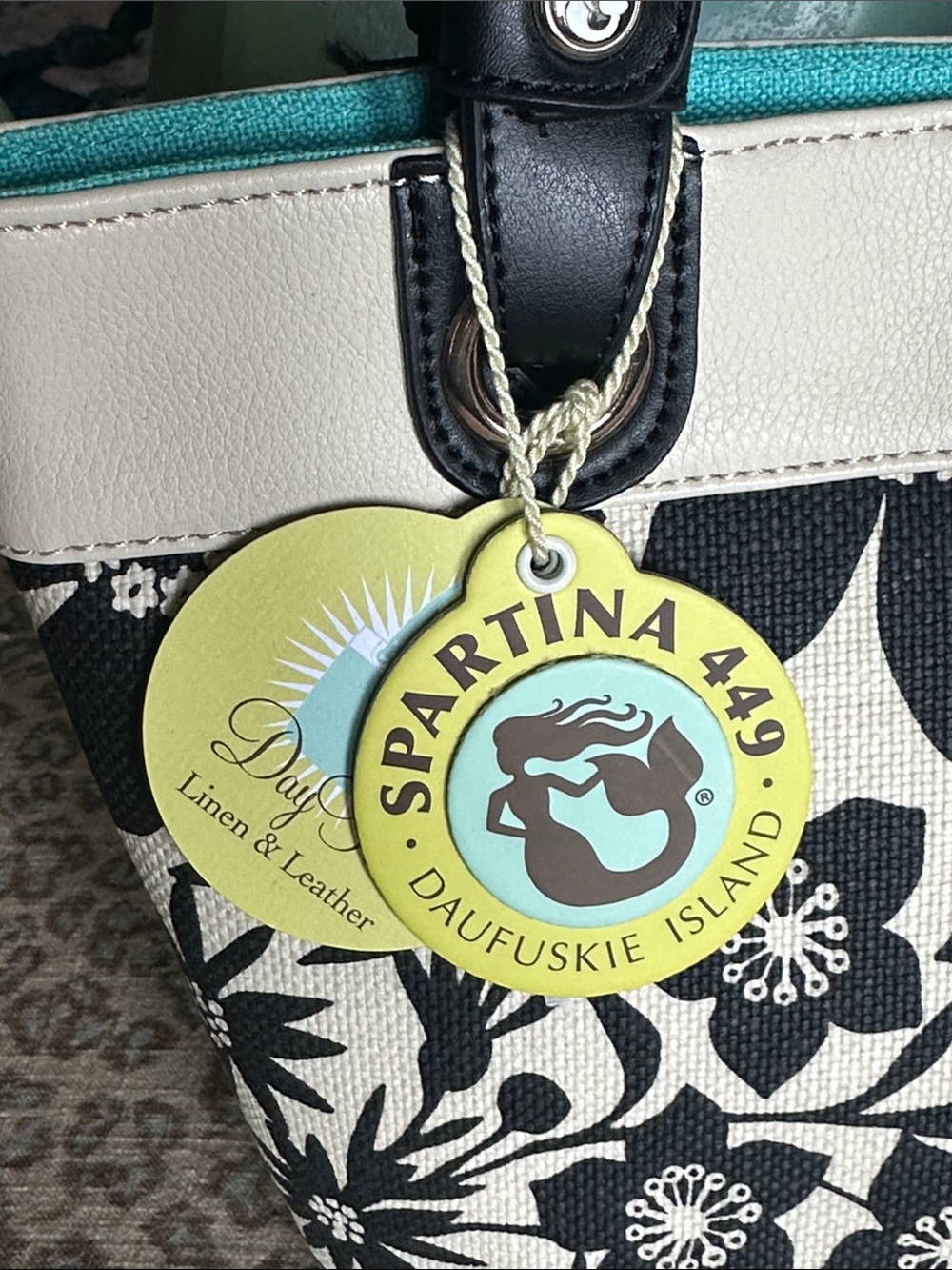 NWT Spartina 449 Black & Cream Floral Tote with Teal Interior Trim - Picture 2 of 11